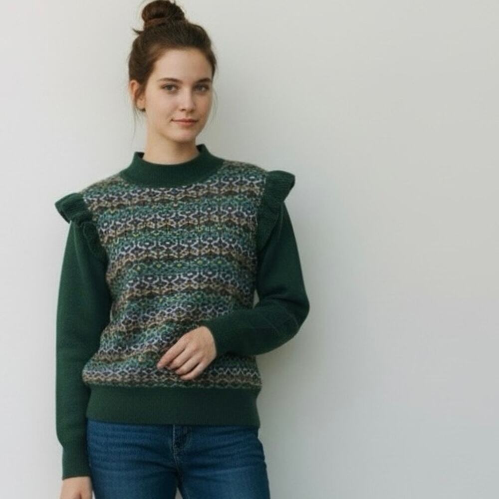 Ruffle Mock Neck Sweater Jacquard Fall Grand Millennial Teal Retro Loft Size M